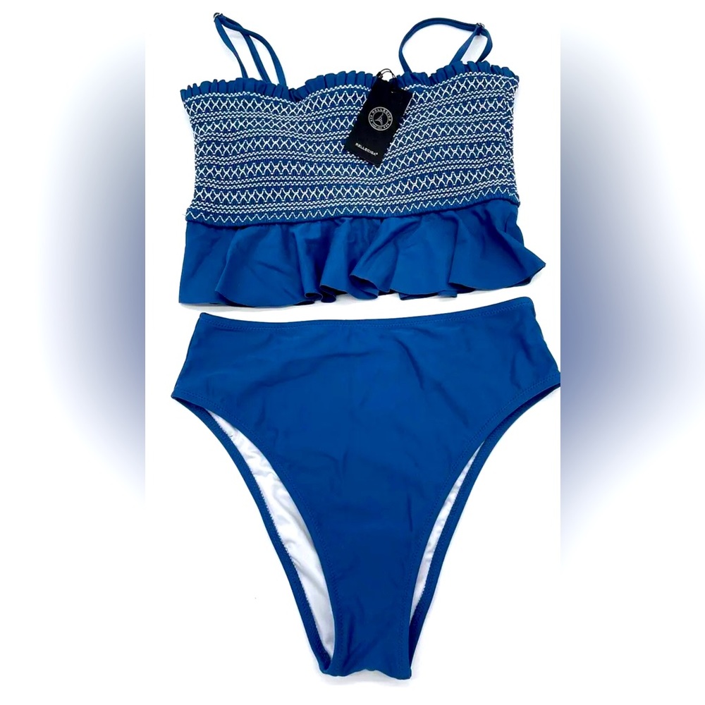 RELLECIGA Women's High Waist Bikini Swimsuit Ruffle 2-Piece Bathing Suit Blue M